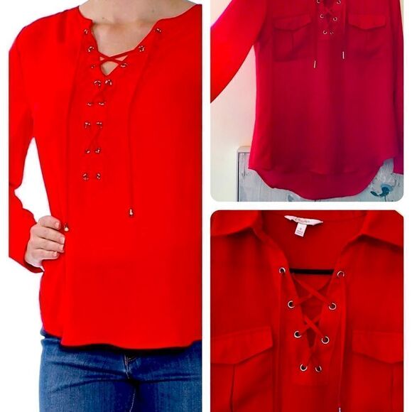 Cherry Red Lace up Semi sheer long sleeve Top - Picture 1 of 11